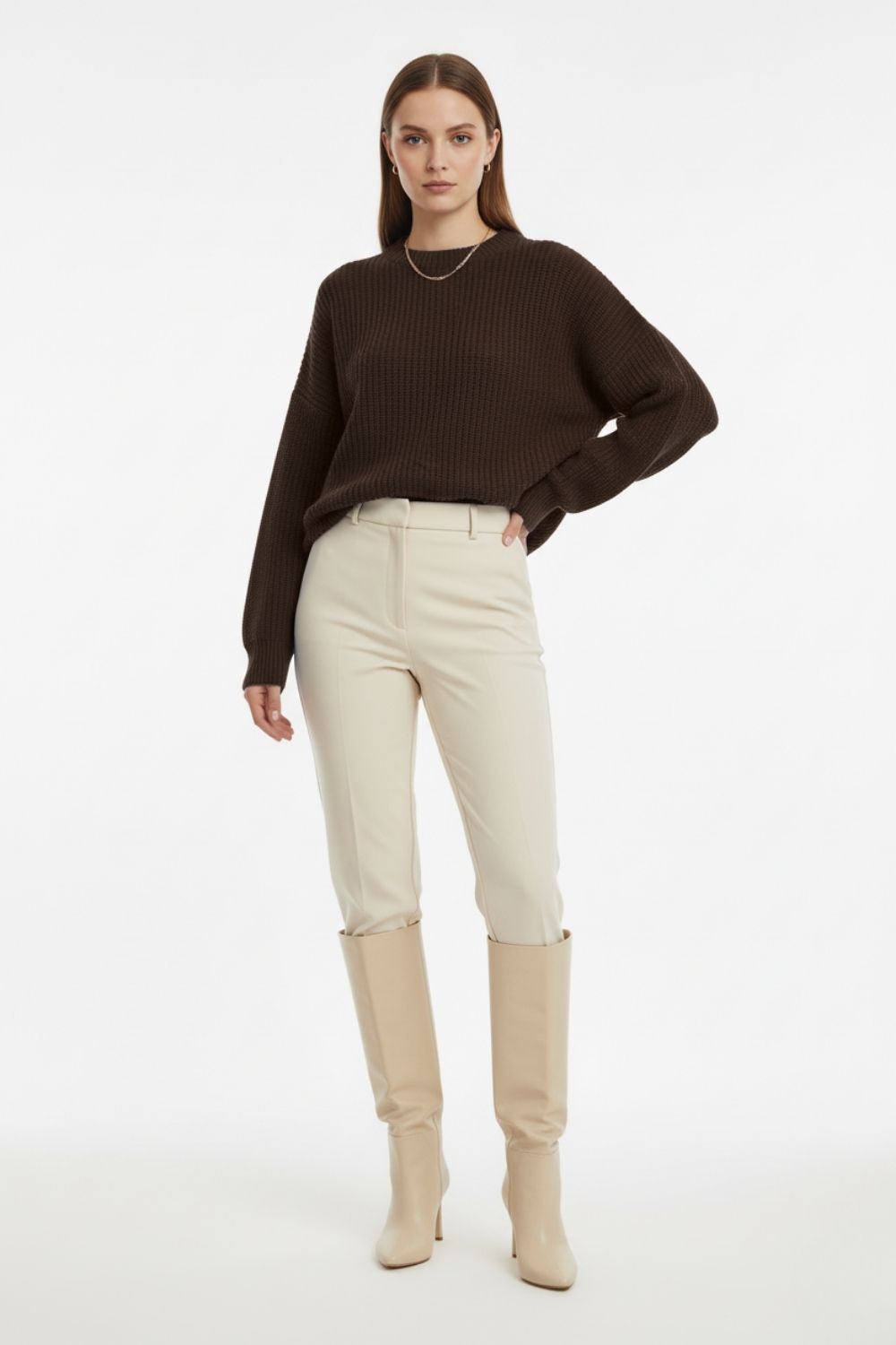 Mizalle Ekstra Oversize Düşük Kollu Selanik Örgü Kahverengi Kazak - Mizalle