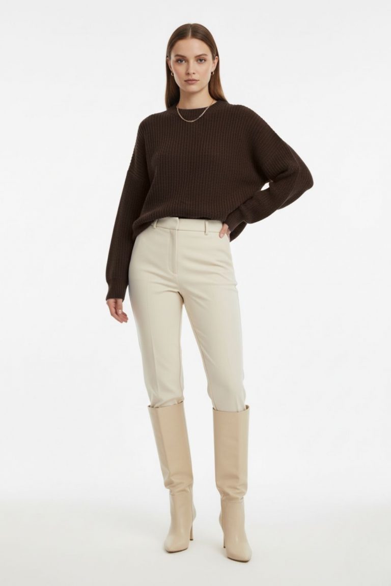 Mizalle Ekstra Oversize Düşük Kollu Selanik Örgü Kahverengi Kazak - Mizalle