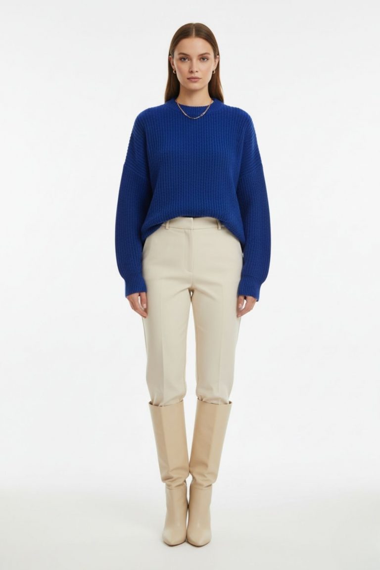 Mizalle Ekstra Oversize Düşük Kollu Selanik Örgü Saks Mavi Kazak - Mizalle