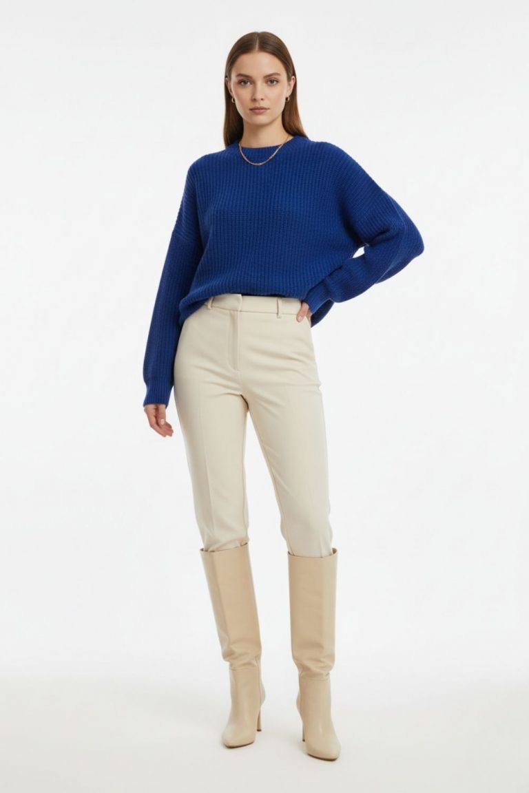 Mizalle Ekstra Oversize Düşük Kollu Selanik Örgü Saks Mavi Kazak - Mizalle