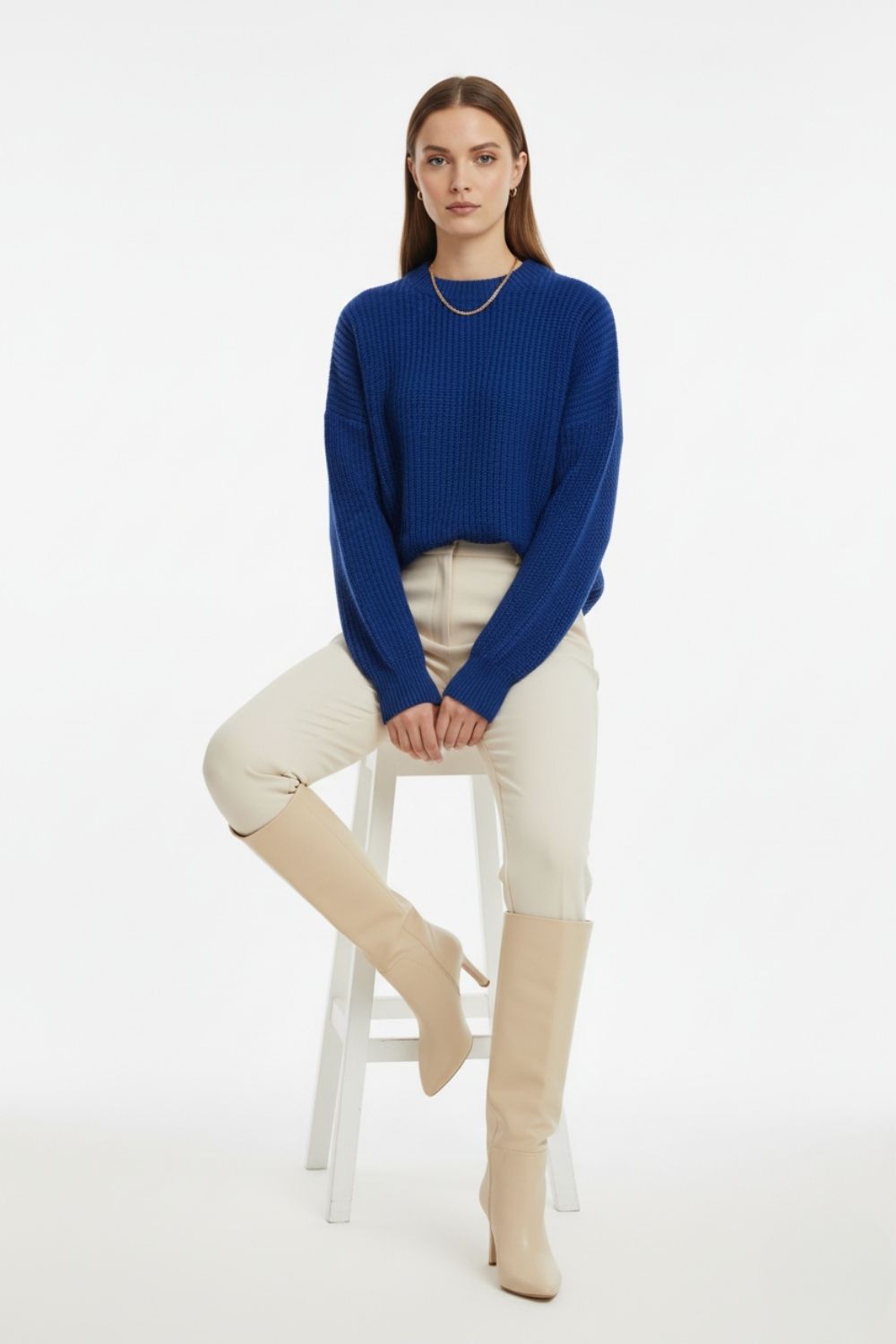 Mizalle Ekstra Oversize Düşük Kollu Selanik Örgü Saks Mavi Kazak - 4