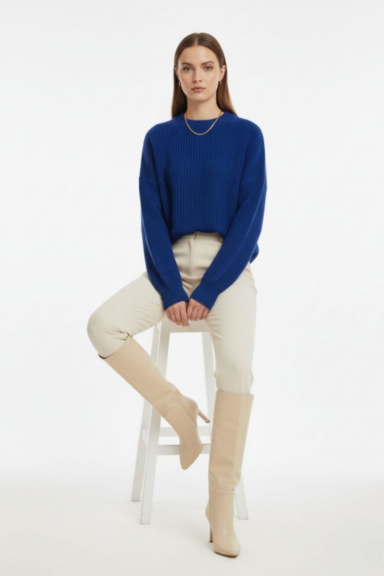 Mizalle Ekstra Oversize Düşük Kollu Selanik Örgü Saks Mavi Kazak - Mizalle