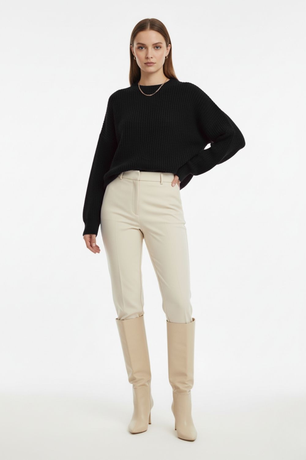 Mizalle Ekstra Oversize Düşük Kollu Selanik Örgü Siyah Kazak - 1