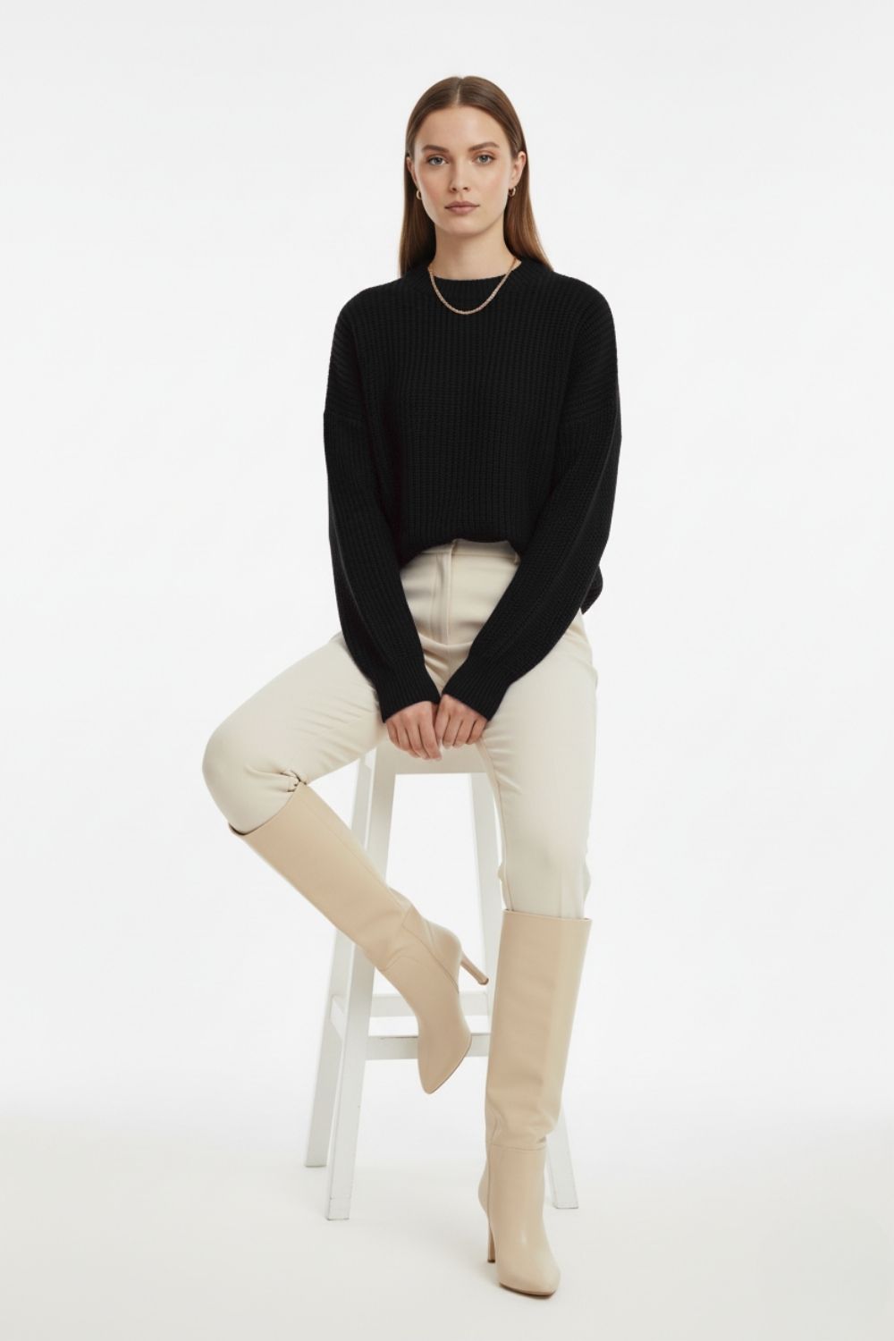 Mizalle Ekstra Oversize Düşük Kollu Selanik Örgü Siyah Kazak - 3