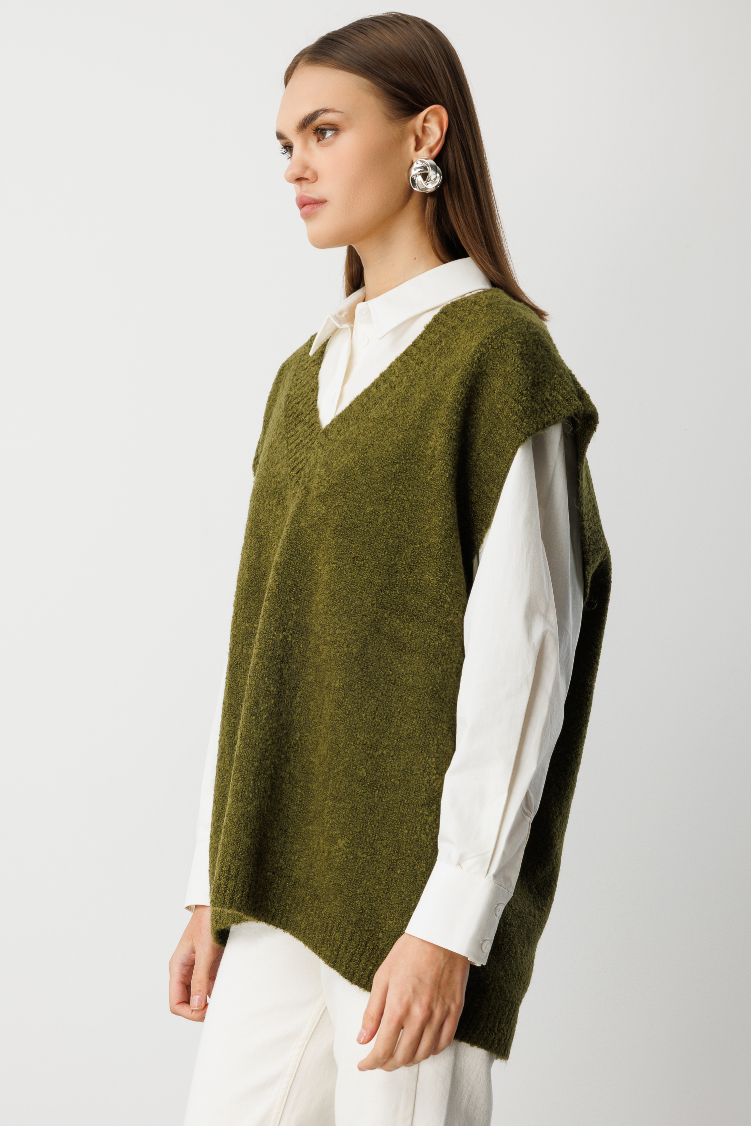 Mizalle Ekstra Oversize V Yaka Uzun Haki Süveter