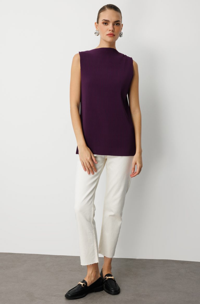 Mizalle Full İnce Pilise Mor Kolsuz Şifon Bluz - Mizalle