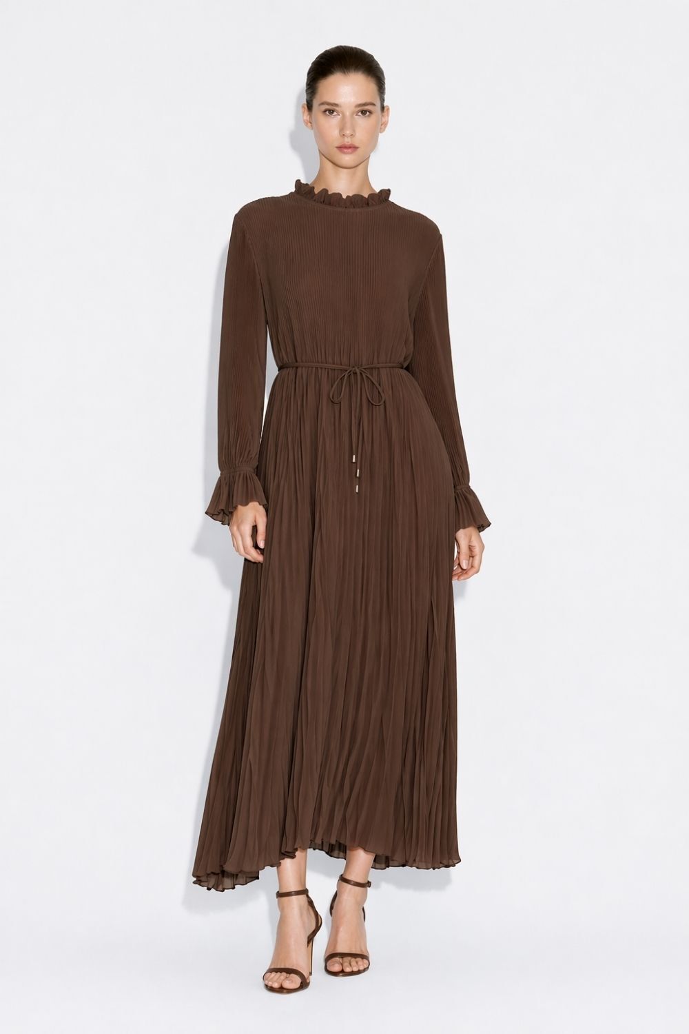 Mizalle Full Piliseli Maksi Kahverengi Elbise - 1