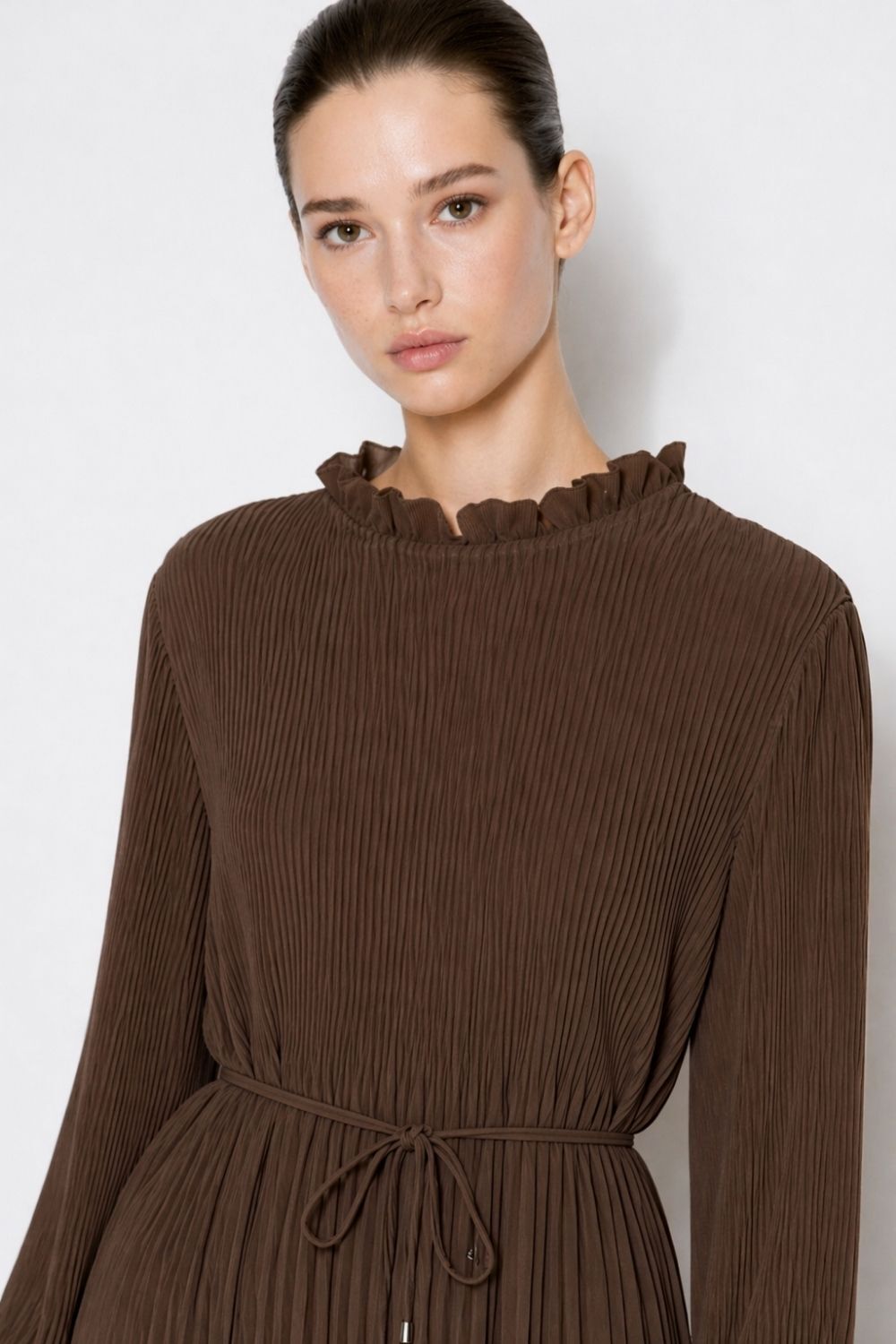 Mizalle Full Piliseli Maksi Kahverengi Elbise - Mizalle