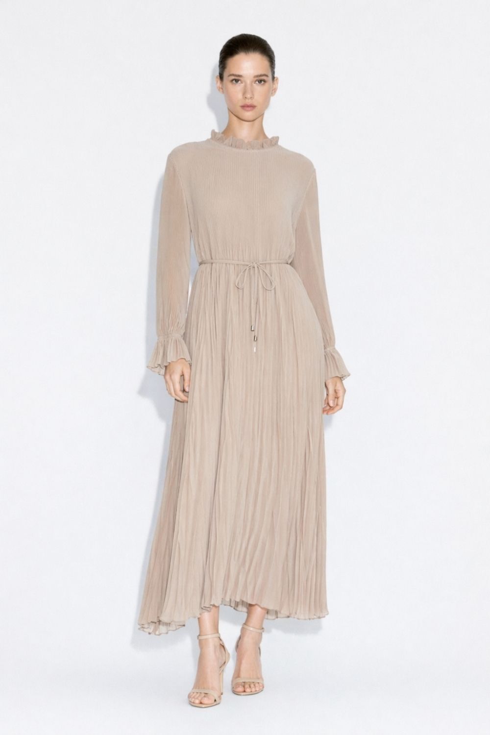 Mizalle Full Piliseli Maksi Taş Rengi Elbise - Mizalle