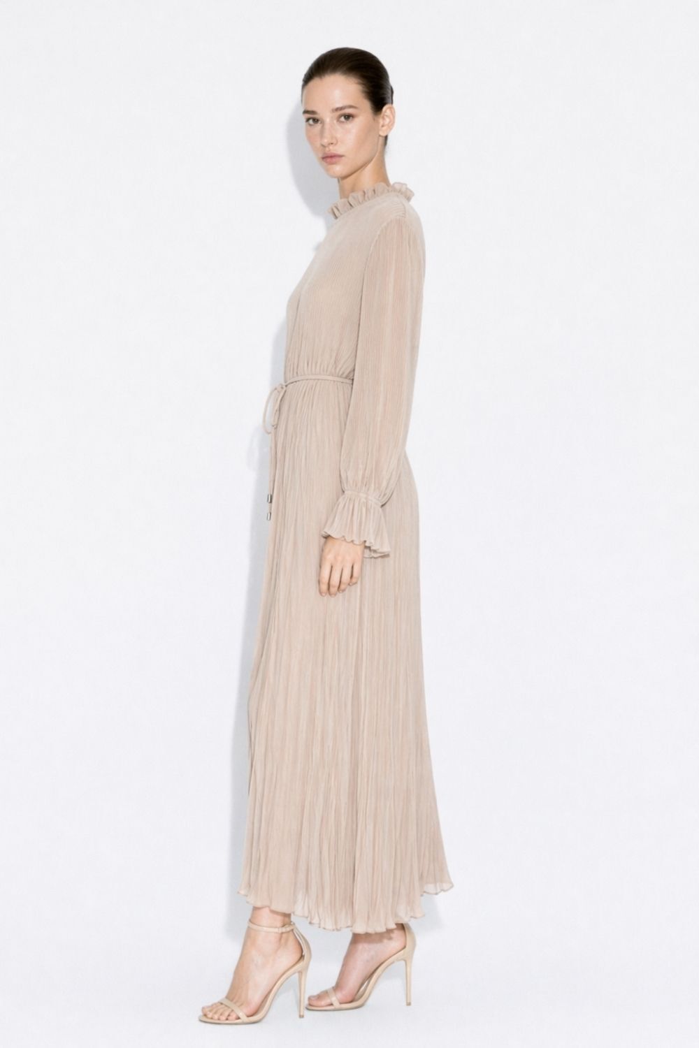 Mizalle Full Piliseli Maksi Taş Rengi Elbise - Mizalle