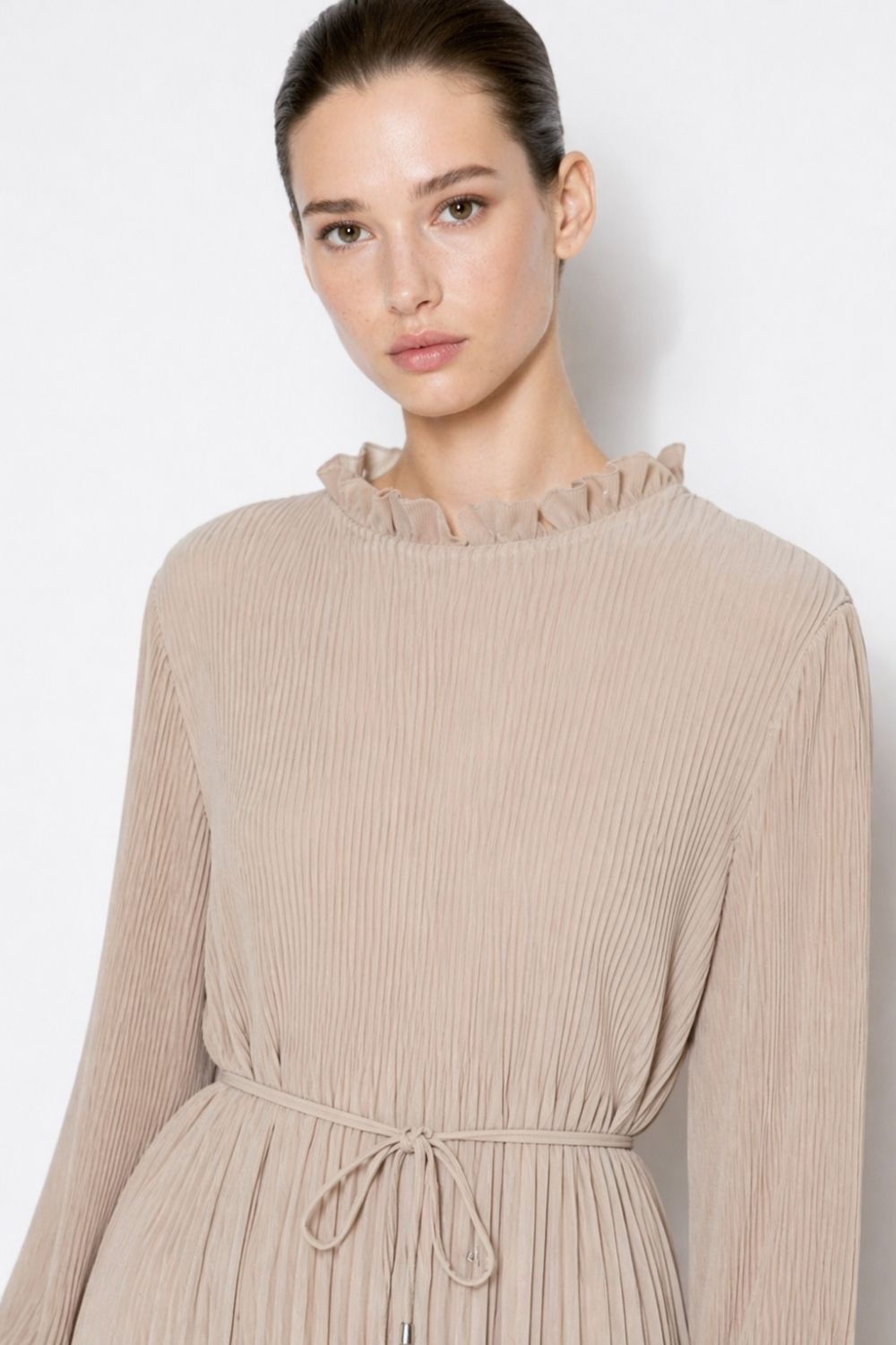 Mizalle Full Piliseli Maksi Taş Rengi Elbise - Mizalle