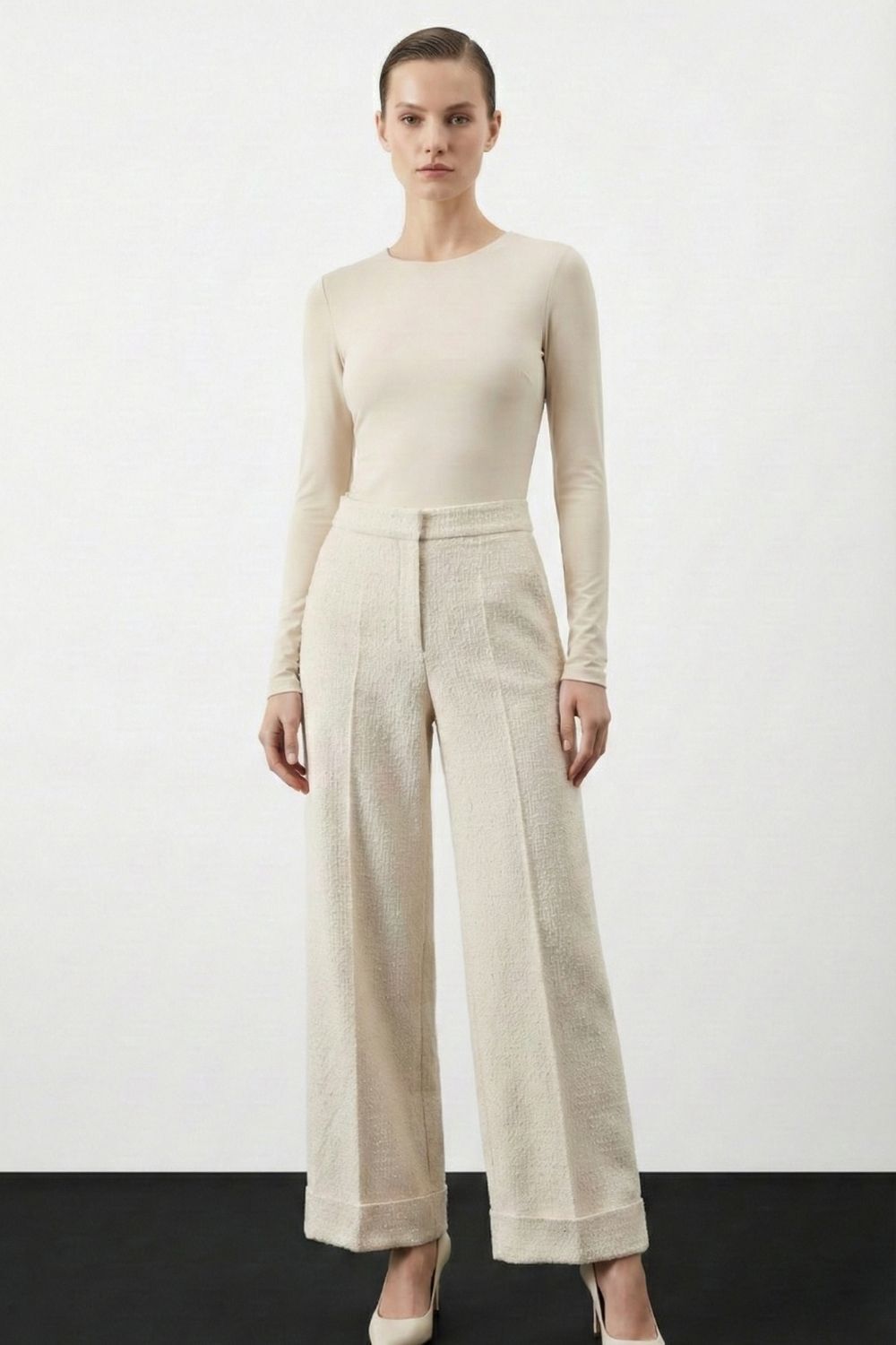 Mizalle Geniş Double Paça Simli Ekru Tüvit Pantolon - 1