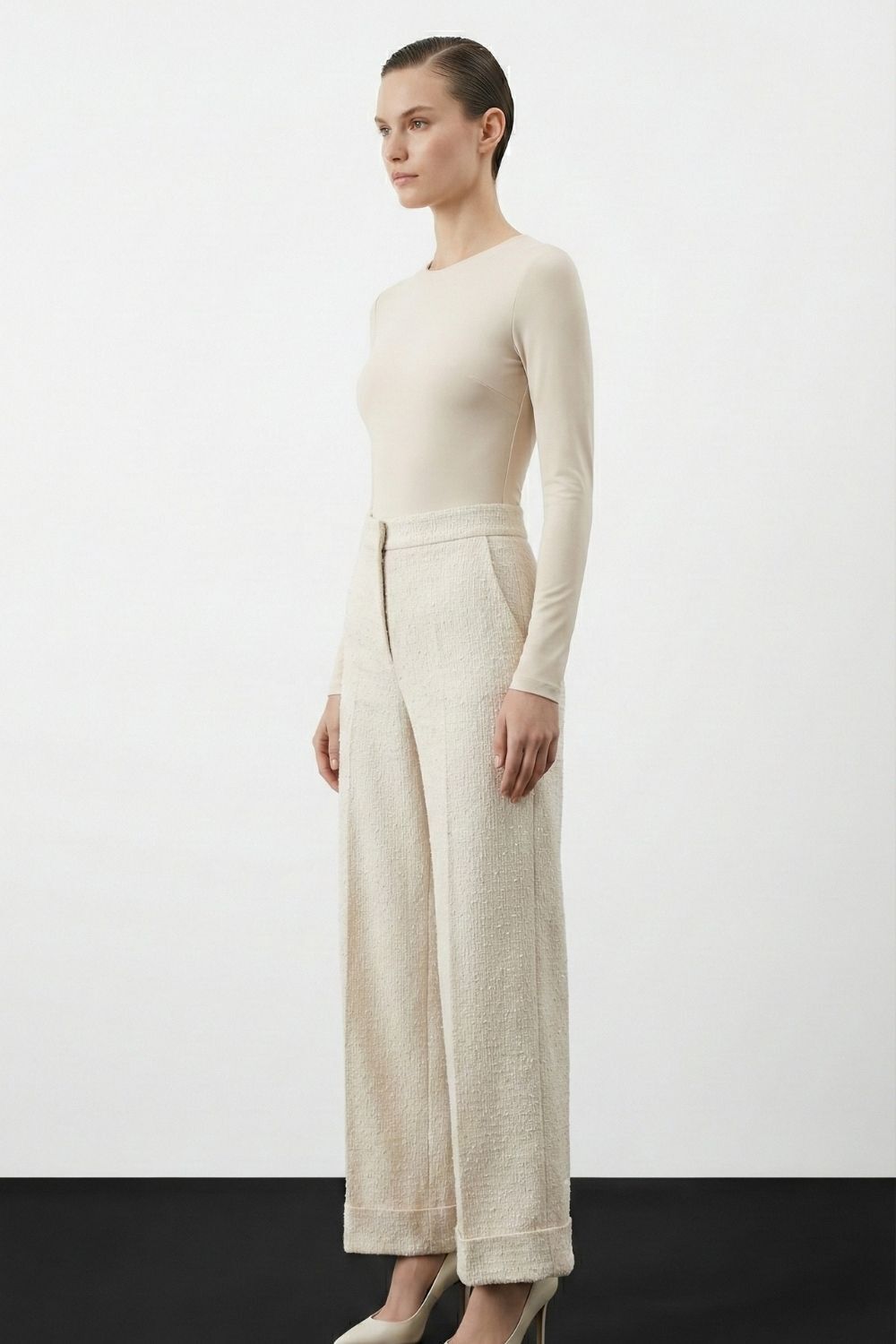 Mizalle Geniş Double Paça Simli Ekru Tüvit Pantolon - Mizalle