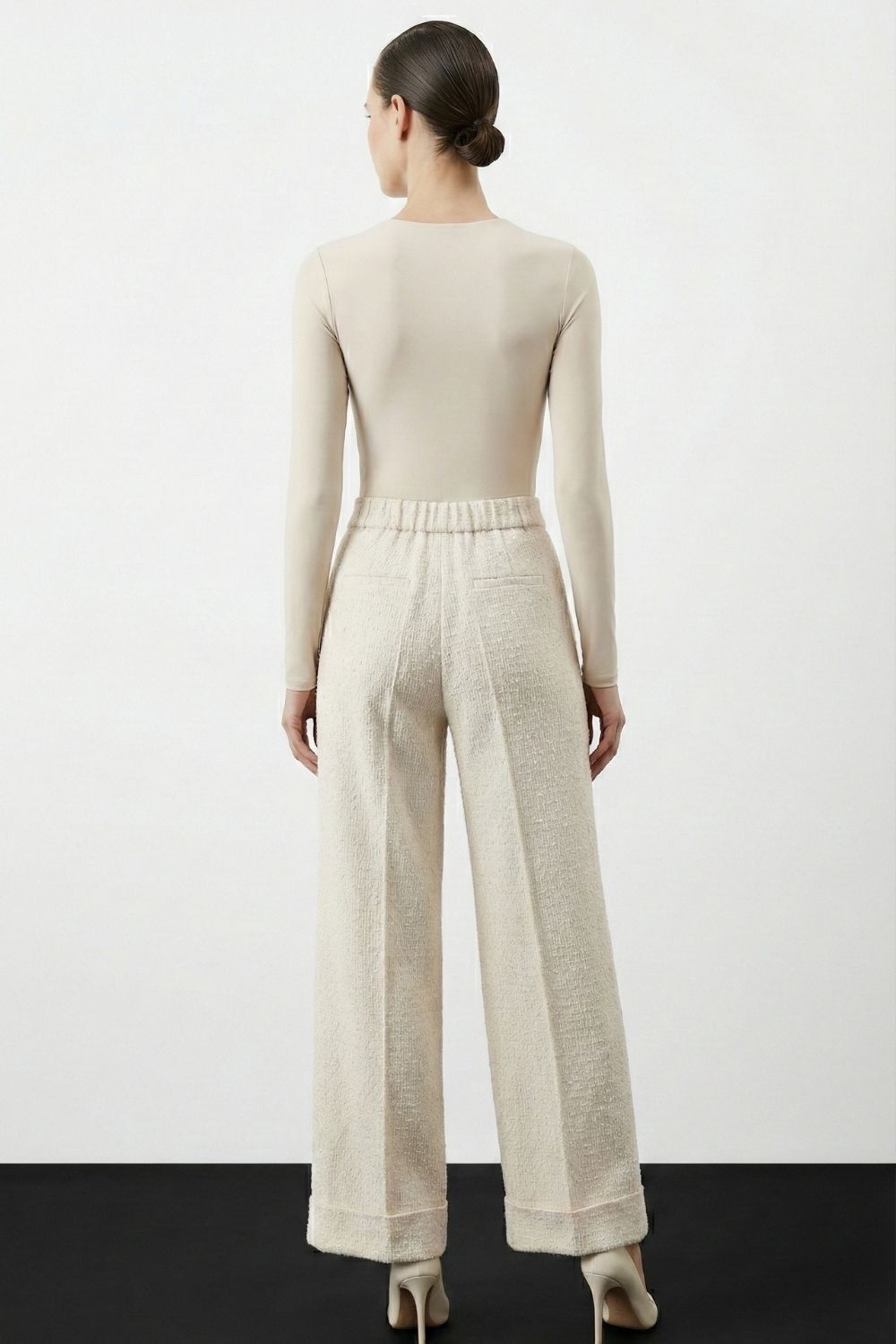 Mizalle Geniş Double Paça Simli Ekru Tüvit Pantolon - 3