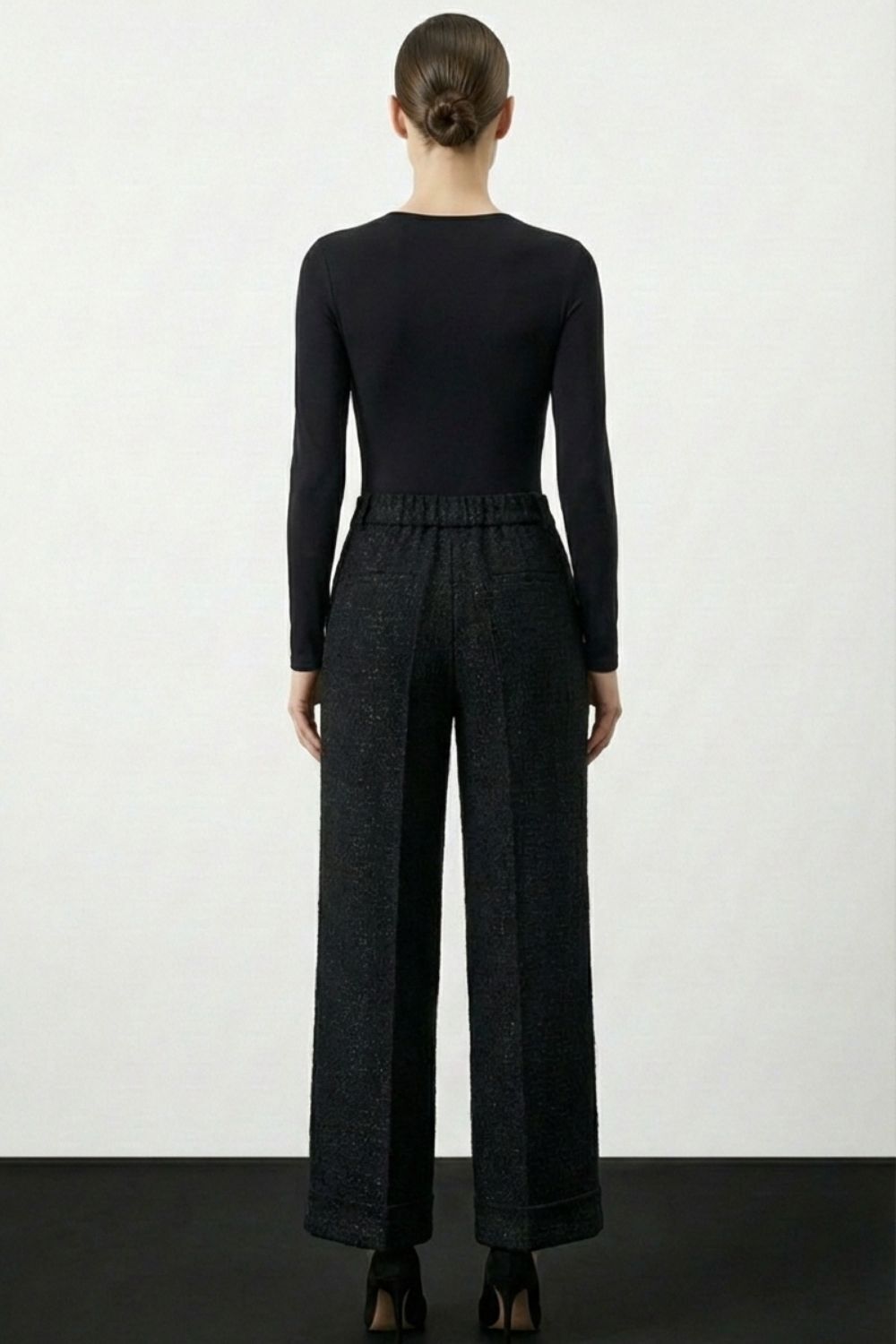 Mizalle Geniş Double Paça Simli Siyah Tüvit Pantolon - 3