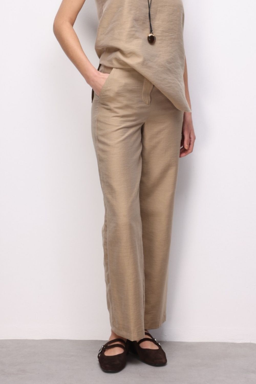 Mizalle Geniş Paça Bej Rengi Basic pantolon - 2