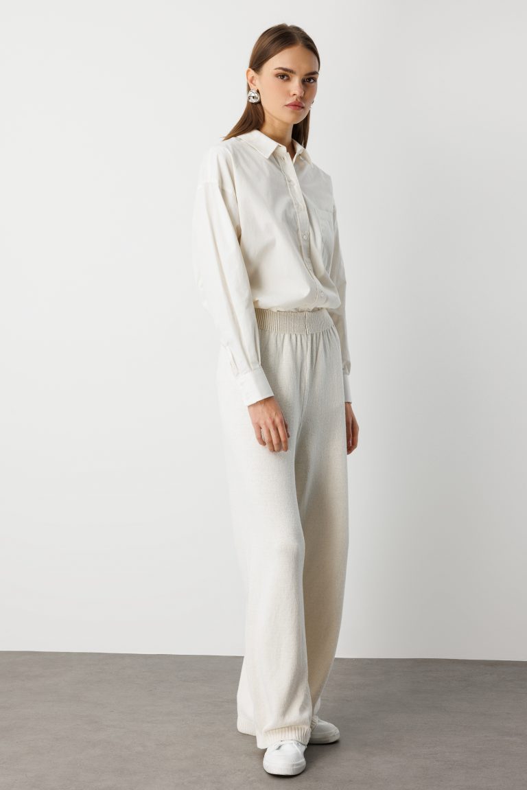 Mizalle Geniş Paça Beli Lastikli Ekru Triko Jogger Pantolon - Mizalle