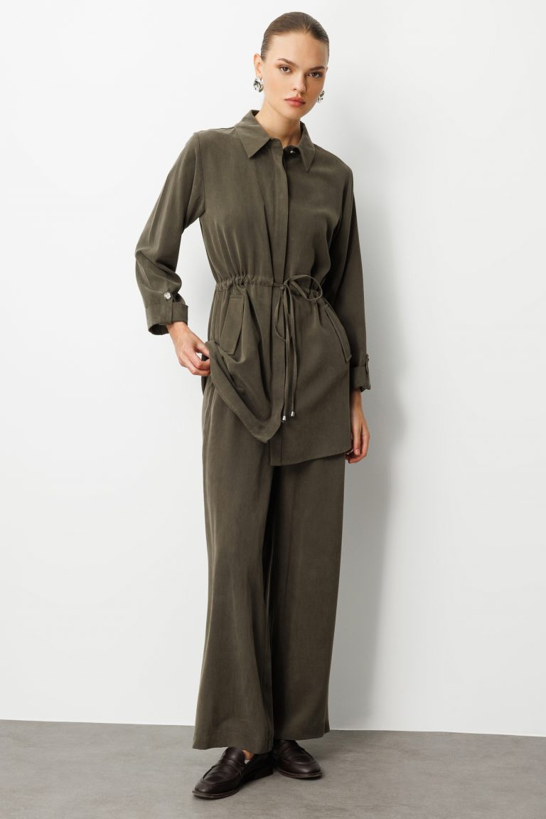 Mizalle Geniş Paça beli Lastikli Haki Cupro Pantolon - Mizalle