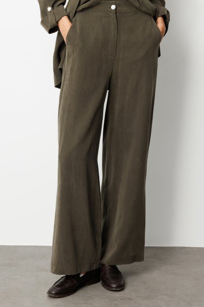 Mizalle Geniş Paça beli Lastikli Haki Cupro Pantolon - Mizalle