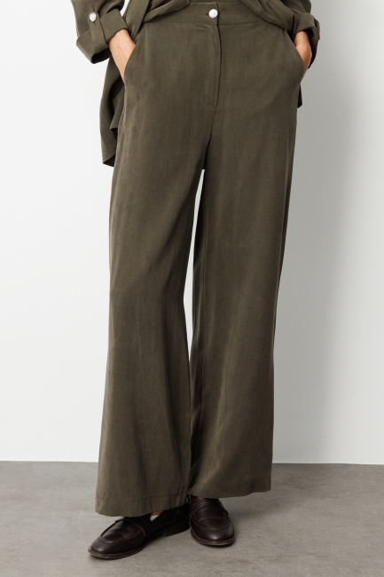 Mizalle - Mizalle Geniş Paça beli Lastikli Haki Cupro Pantolon