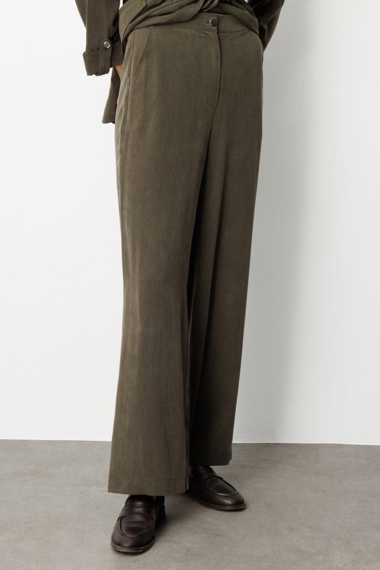 Mizalle Geniş Paça beli Lastikli Haki Cupro Pantolon - Mizalle