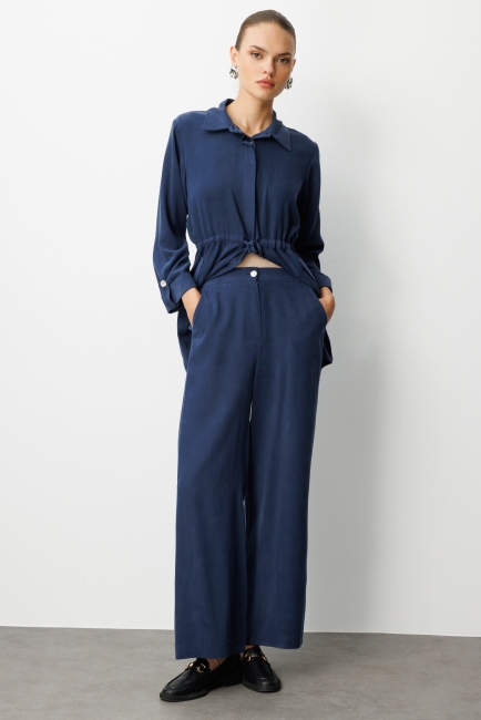 Mizalle - Mizalle Geniş Paça Beli Lastikli İndigo Mavi Cupro Pantolon