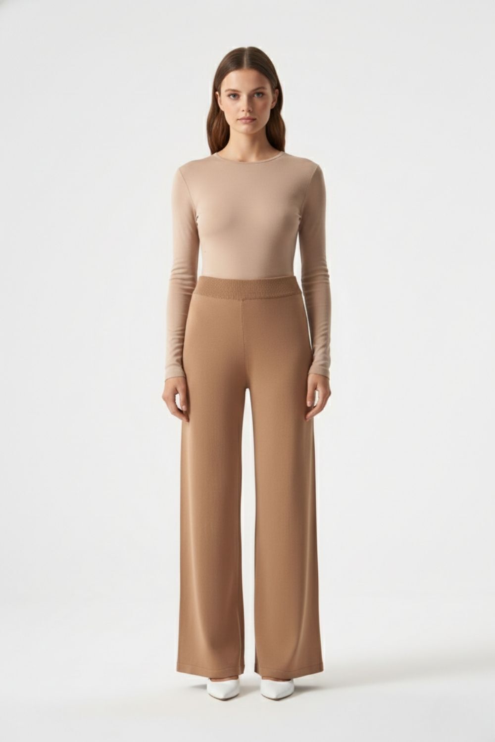 Mizalle Geniş Paça Lastikli Camel Triko Pantolon - Mizalle