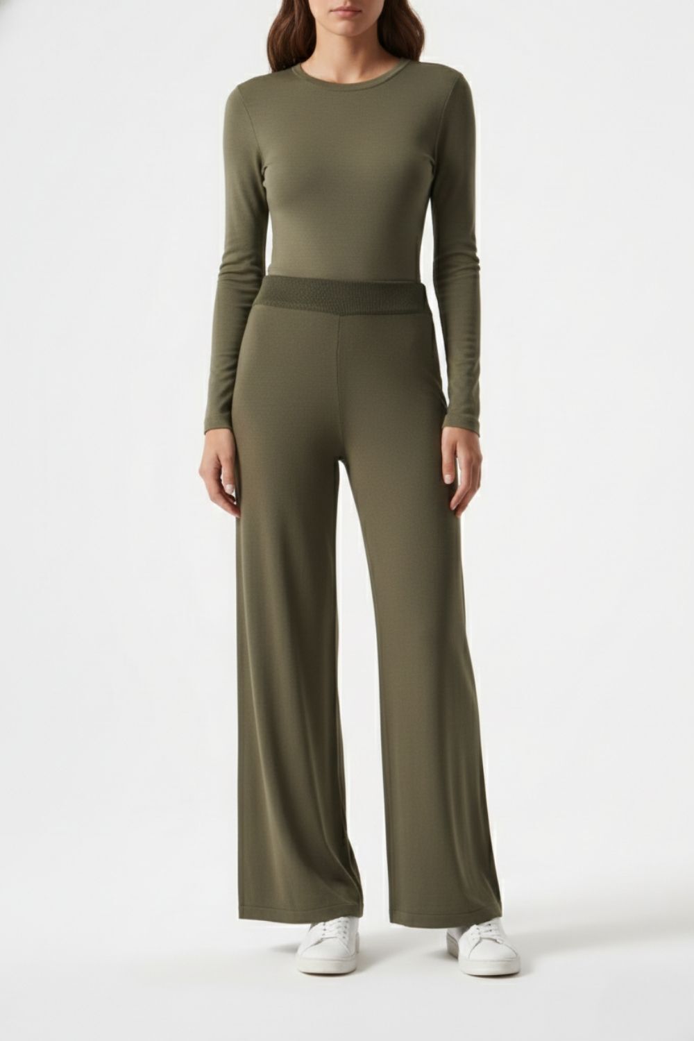 Mizalle Geniş Paça Lastikli Haki Triko Pantolon - 1