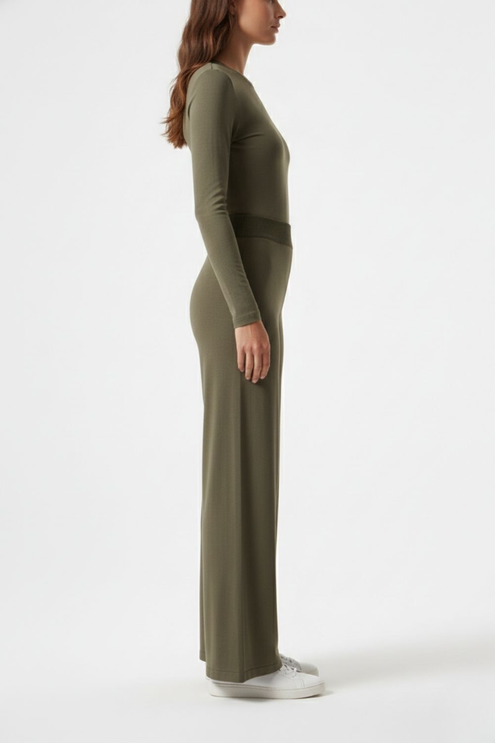 Mizalle Geniş Paça Lastikli Haki Triko Pantolon - 2