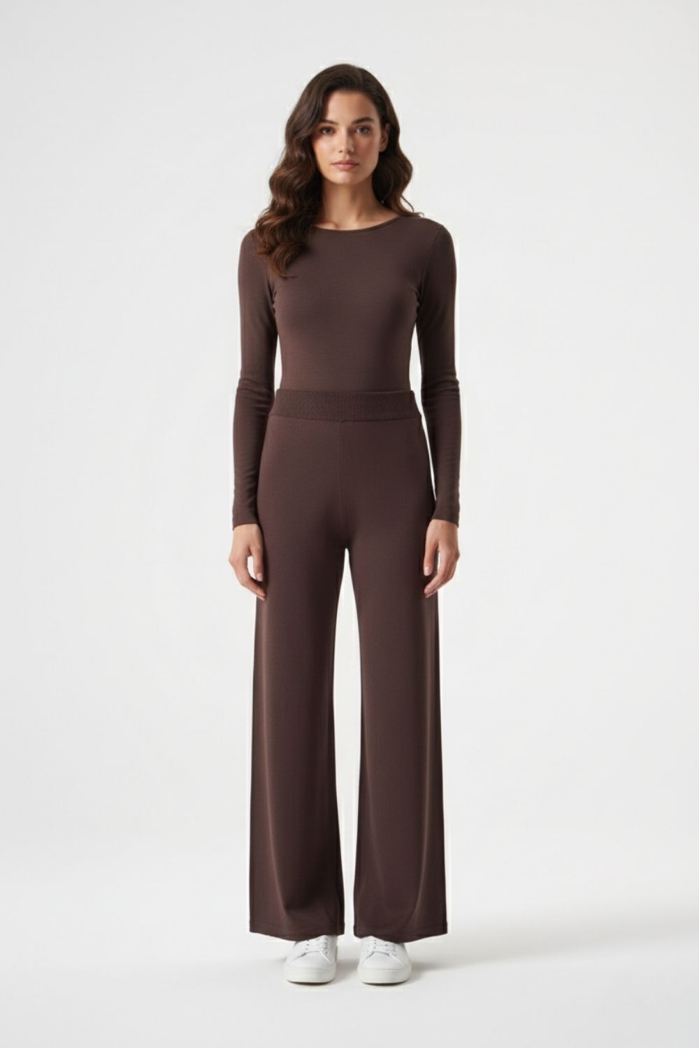 Mizalle Geniş Paça Lastikli Kahverengi Triko Pantolon - Mizalle