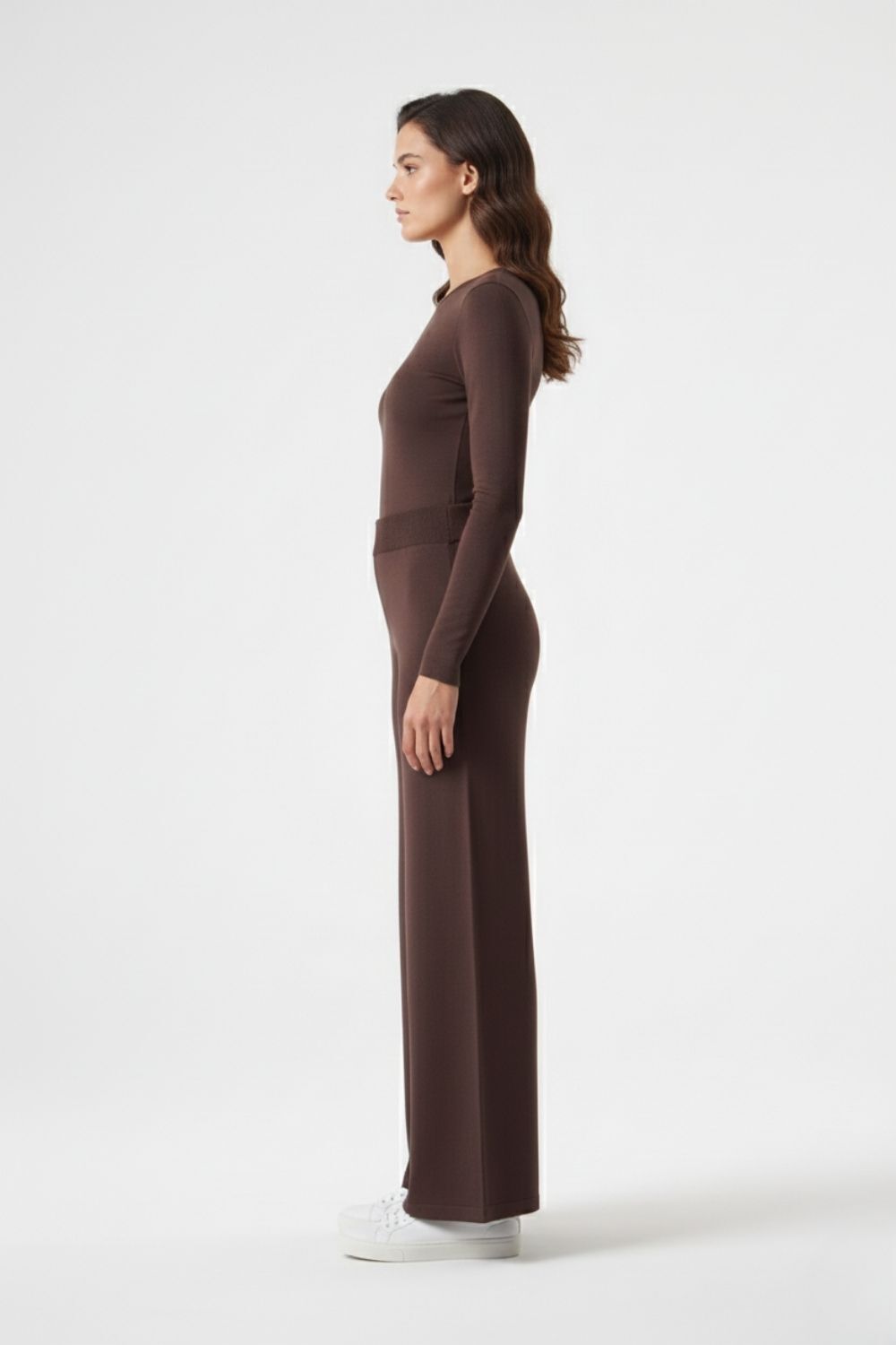 Mizalle Geniş Paça Lastikli Kahverengi Triko Pantolon - 2