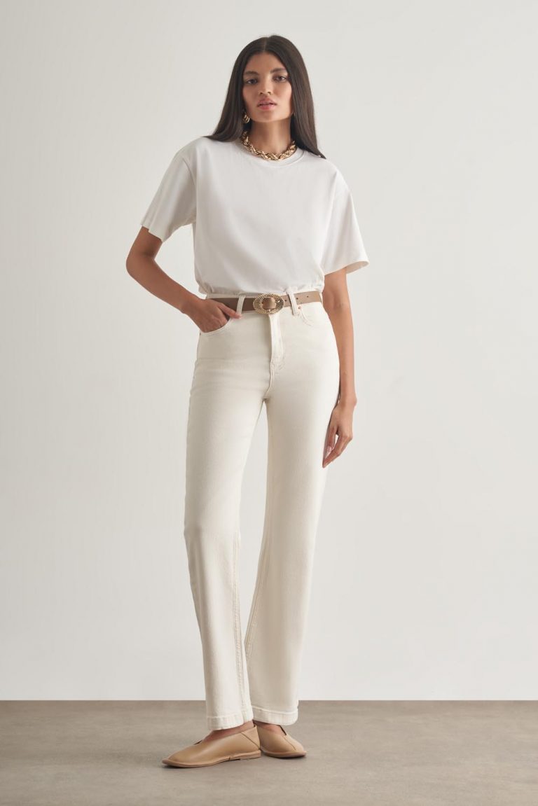 Mizalle Geniş Paça Yüksek Bel Ekru Denim Pantolon - Mizalle