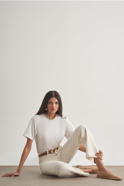 Mizalle Geniş Paça Yüksek Bel Ekru Denim Pantolon - Mizalle