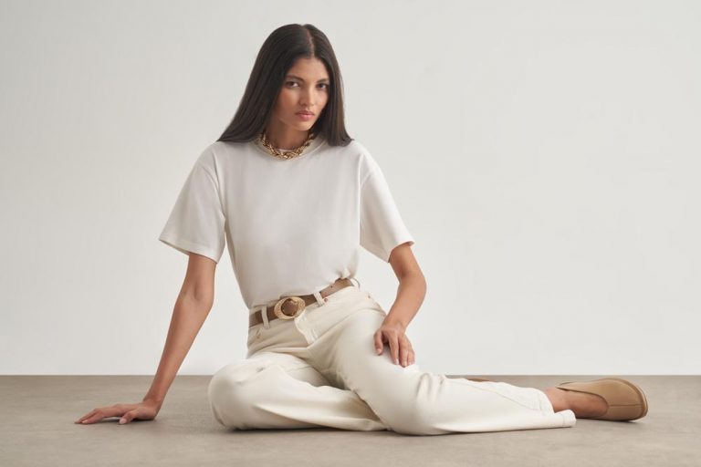 Mizalle Geniş Paça Yüksek Bel Ekru Denim Pantolon - Mizalle