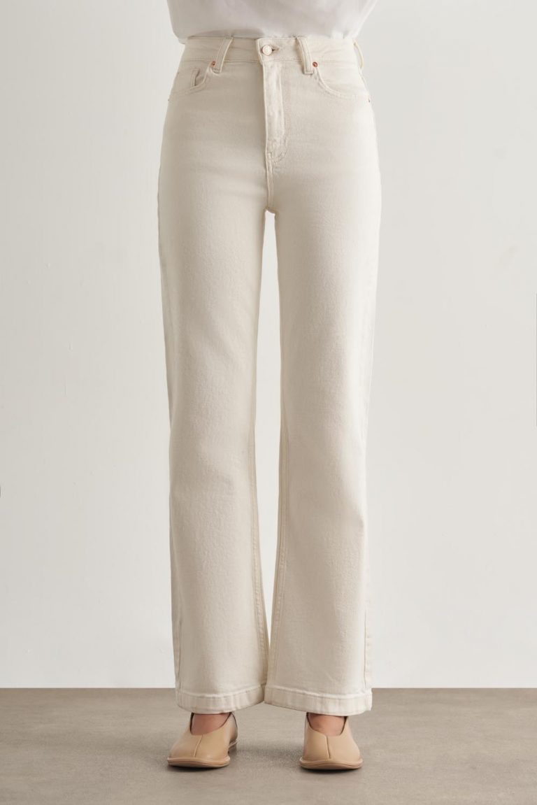 Mizalle Geniş Paça Yüksek Bel Ekru Denim Pantolon - Mizalle