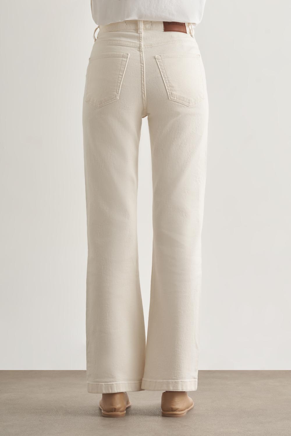 Mizalle Geniş Paça Yüksek Bel Ekru Denim Pantolon