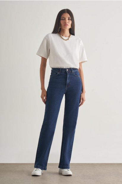 Mizalle Geniş Paça Yüksek Bel Koyu Mavi Denim Pantolon - Mizalle