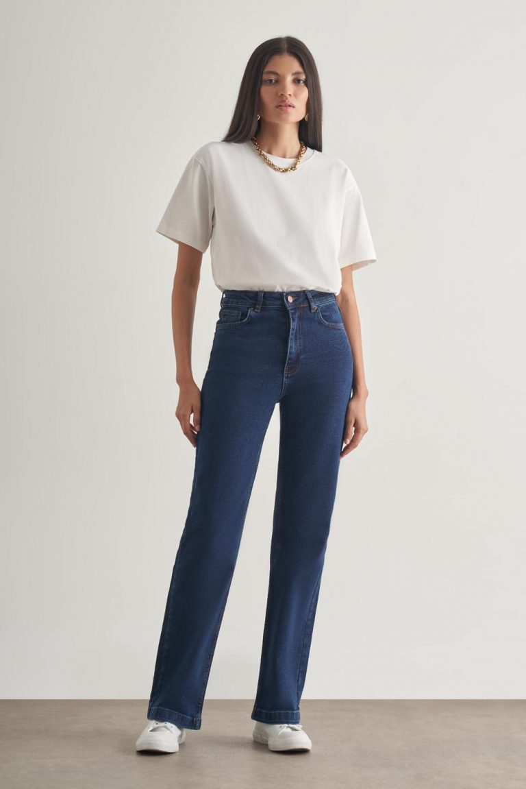 Mizalle Geniş Paça Yüksek Bel Koyu Mavi Denim Pantolon - Mizalle