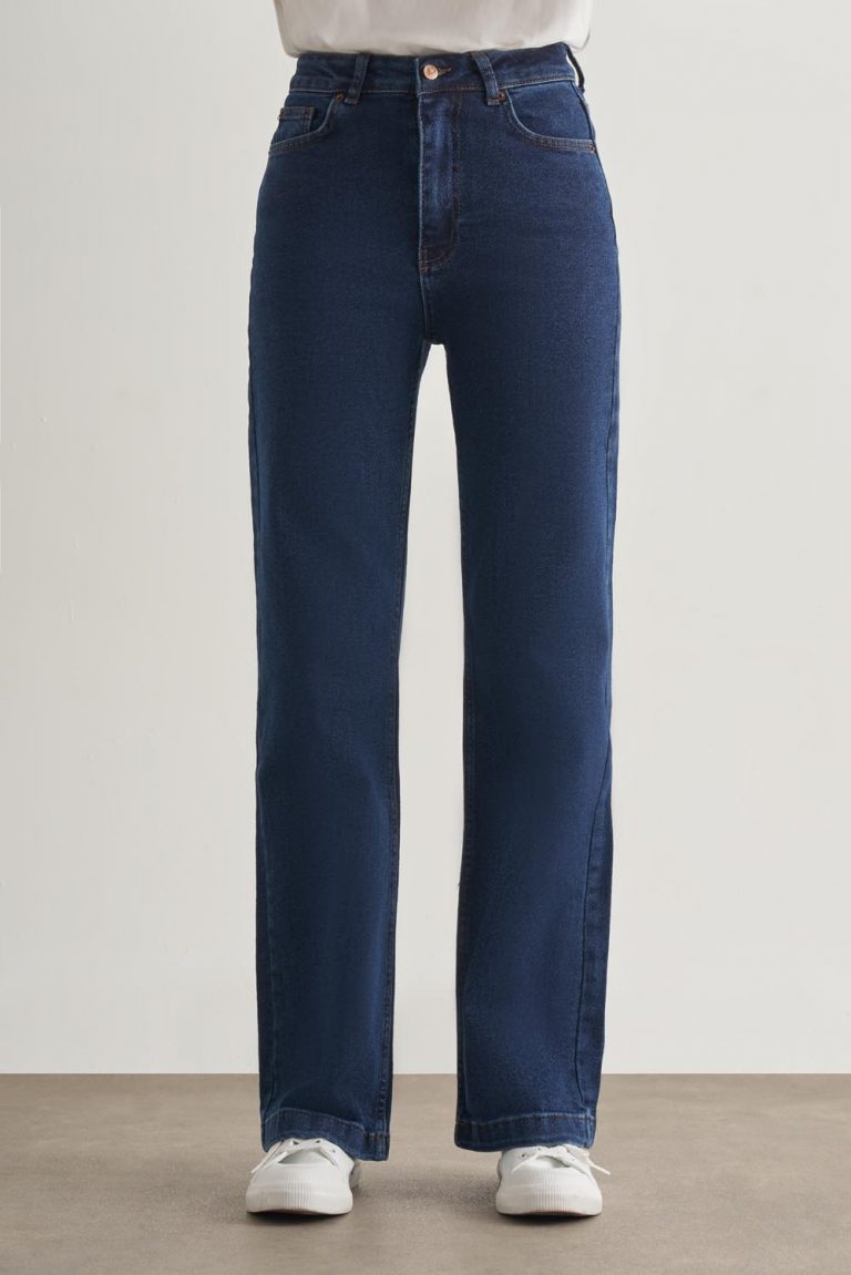 Mizalle Geniş Paça Yüksek Bel Koyu Mavi Denim Pantolon - Mizalle