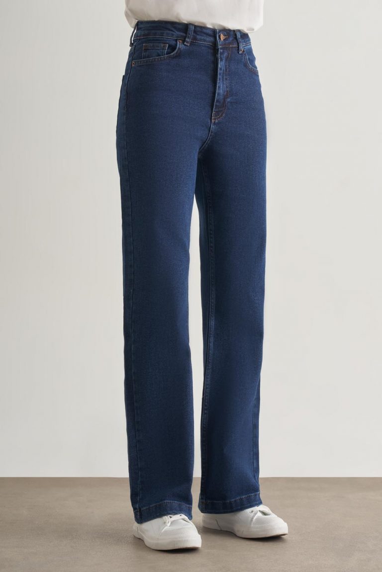Mizalle Geniş Paça Yüksek Bel Koyu Mavi Denim Pantolon - Mizalle