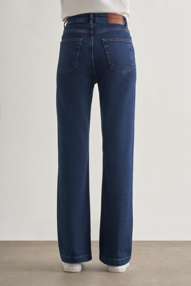 Mizalle Geniş Paça Yüksek Bel Koyu Mavi Denim Pantolon - Mizalle
