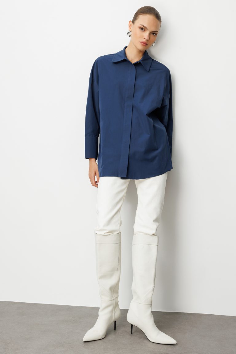 Mizalle Geniş Patlı Pamuklu Lacivert Tunik - Mizalle