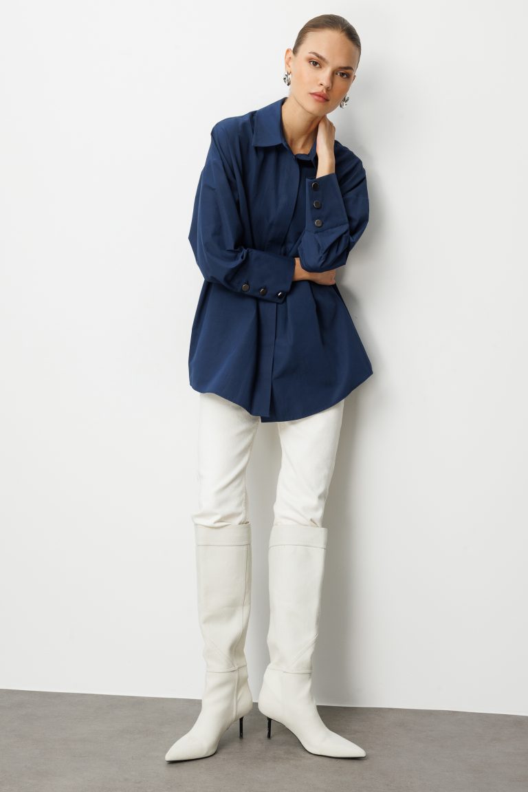 Mizalle Geniş Patlı Pamuklu Lacivert Tunik - Mizalle