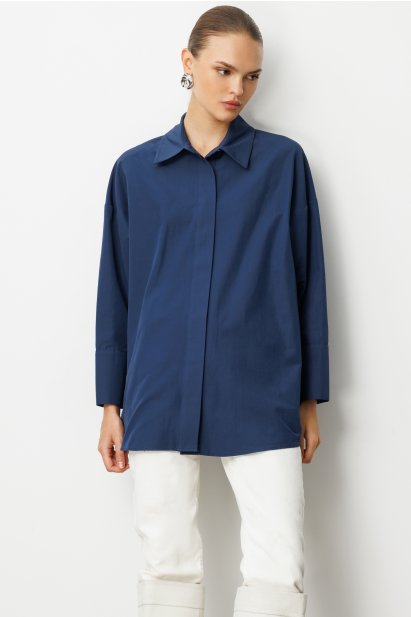 Mizalle Geniş Patlı Pamuklu Lacivert Tunik - Mizalle