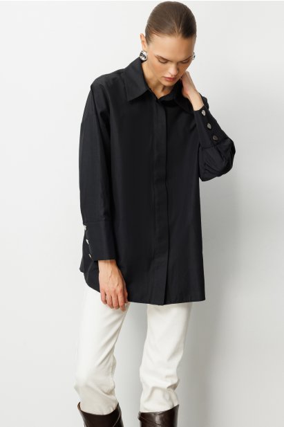 Mizalle Geniş Patlı Pamuklu Siyah Tunik - Mizalle