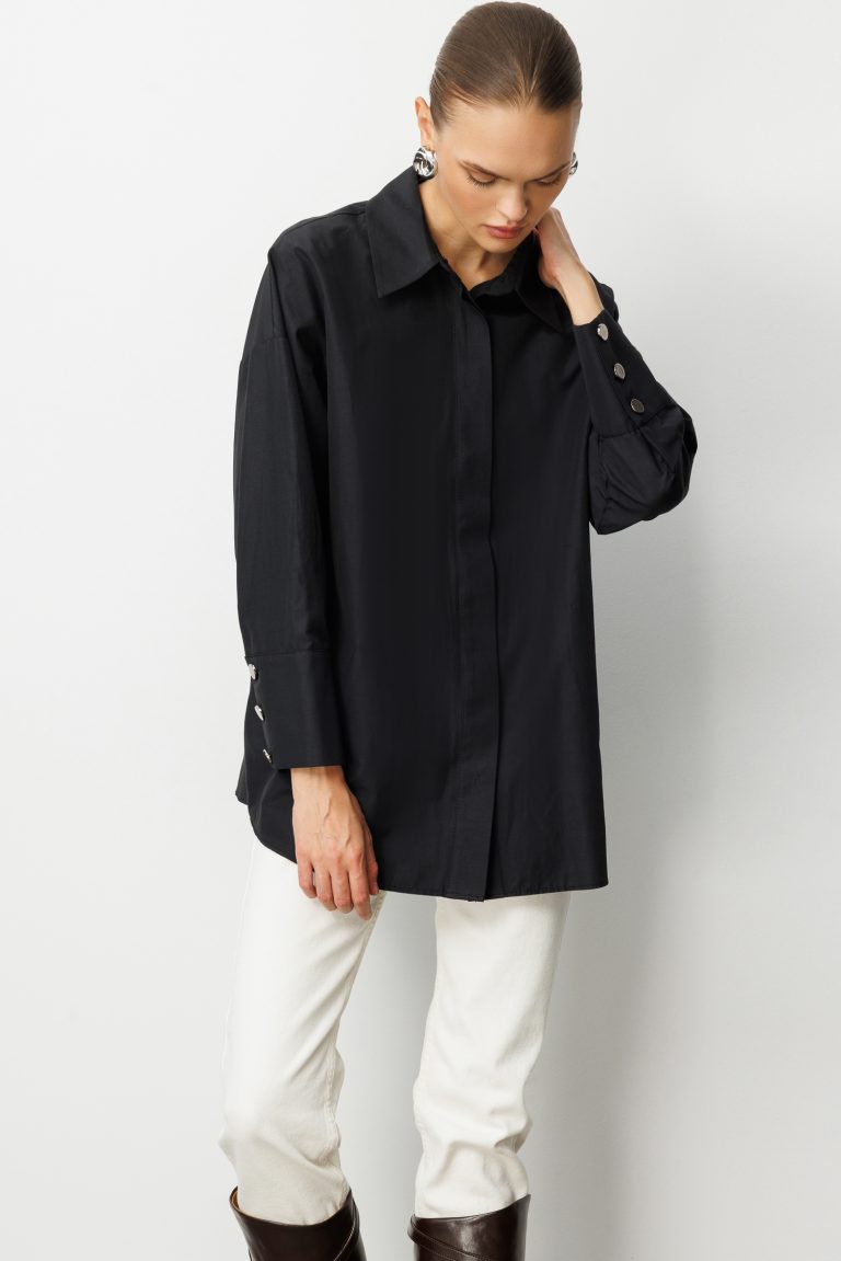 Mizalle Geniş Patlı Pamuklu Siyah Tunik - Mizalle