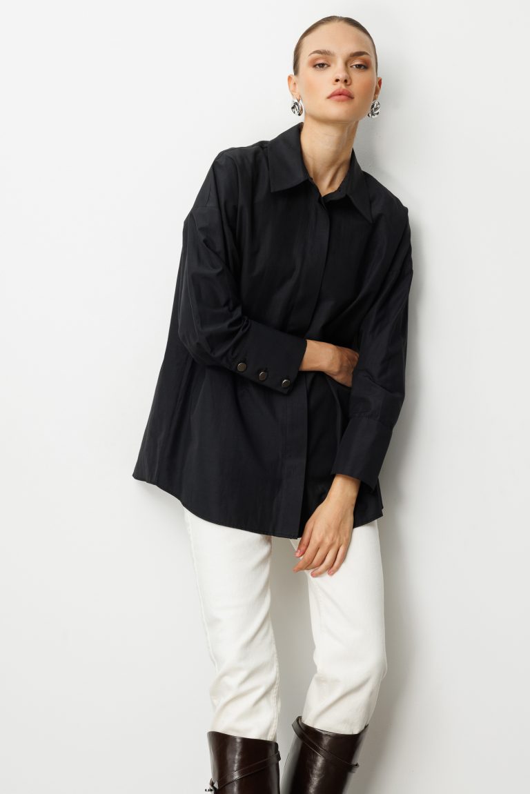 Mizalle Geniş Patlı Pamuklu Siyah Tunik - Mizalle