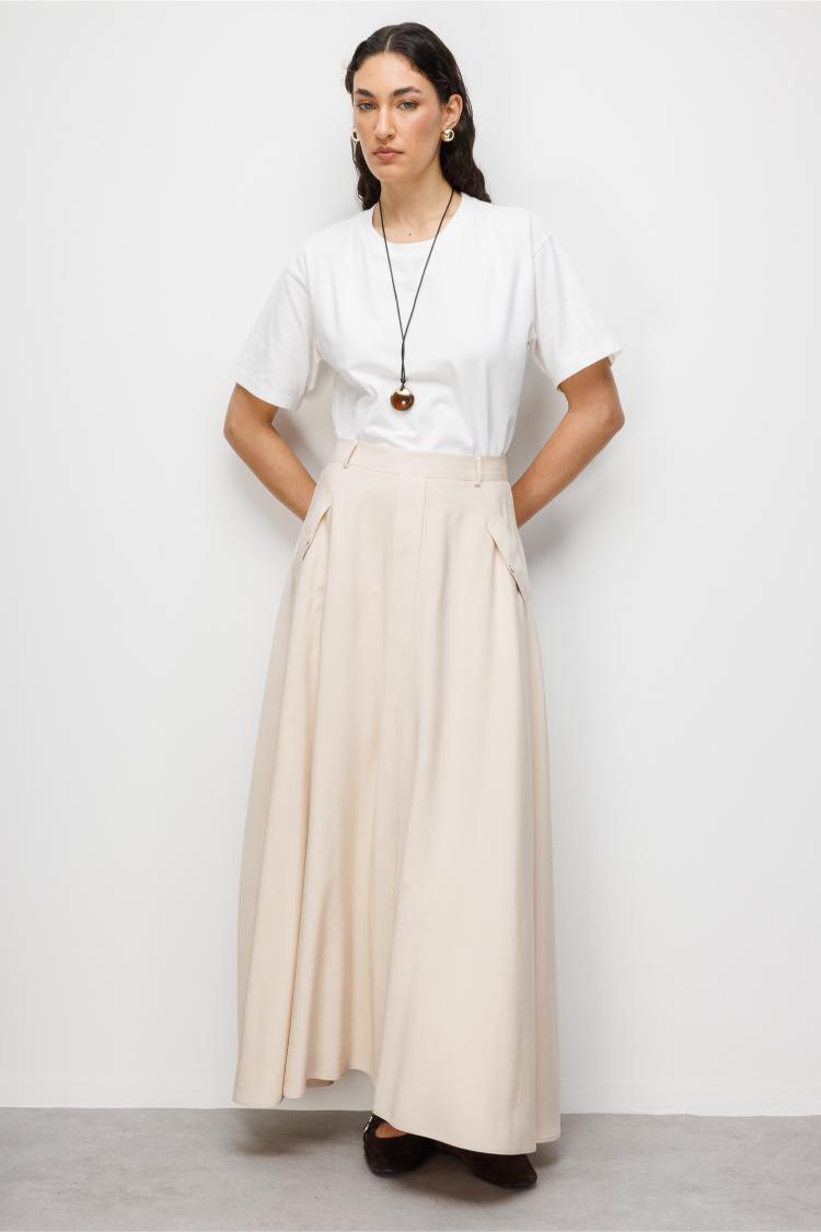 Mizalle Geniş Volanlı Cepli Bej Rengi Evaze Maksi Etek - 1