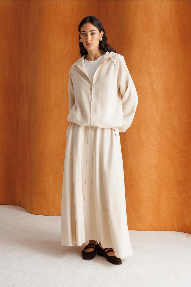 Mizalle Geniş Volanlı Cepli Bej Rengi Evaze Maksi Etek - Mizalle