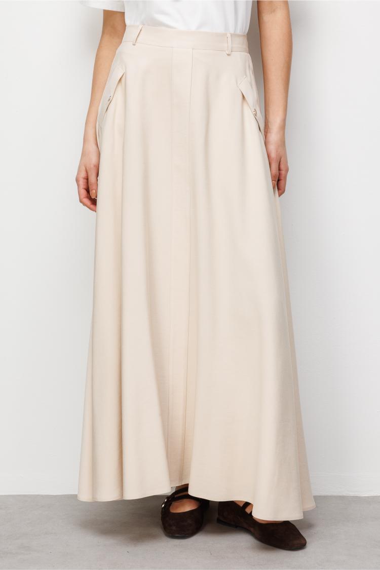 Mizalle Geniş Volanlı Cepli Bej Rengi Evaze Maksi Etek - Mizalle